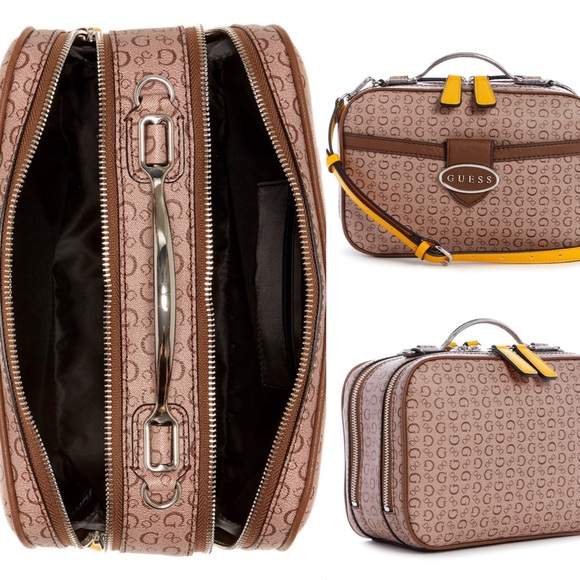 GUESS Factory Millville Large Crossbody Bag Double Zip Camera Brown Yellow - Picture 4 of 4